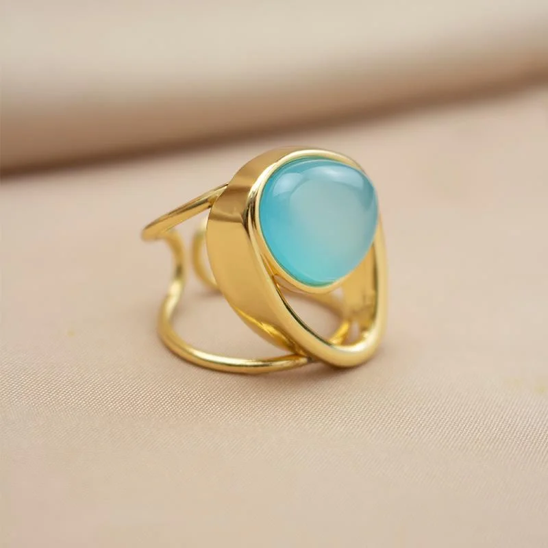 Anel regulável folheado a ouro com pedra natural Ágata Azul Céu - Imagem 2