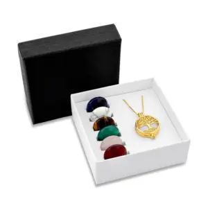 Combo Relicário Árvore da Vida Folheado a Ouro com 7 Pedras Naturais