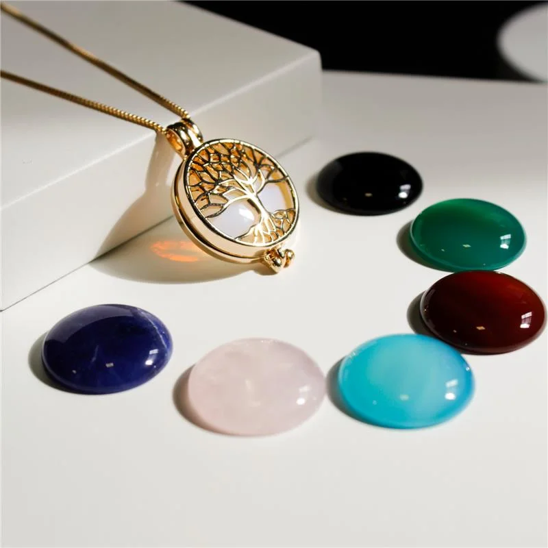 Combo Relicário Árvore da Vida Folheado a Ouro com 7 Pedras Naturais