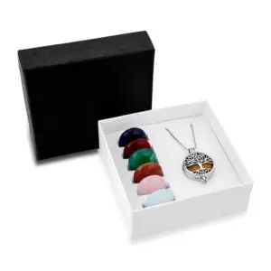 Combo Relicário Árvore da Vida Folheado a Ródio 7 Pedras Naturais