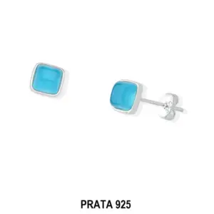 Brinco em Prata 925 com Pedra Quadrada Ágata Azul Céu