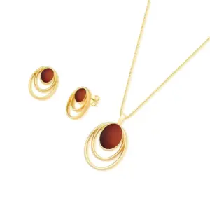 Conjunto de Brinco e Colar Clássico com Pedra Oval Cabochão