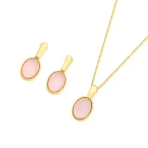 Conjunto de Colar e Brincos com Pedra Natural Quartzo Rosa