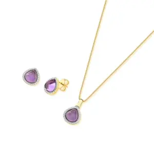 Conjunto Ametista com Brinco e Pingente em Ródio Branco