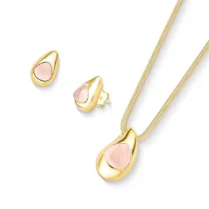 Conjunto de Colar e Brincos Gota Pedra Natural Quartzo Rosa